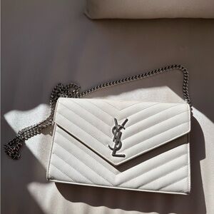 Yves Saint Laurent White Quilted Wristlet with Silver Chain
